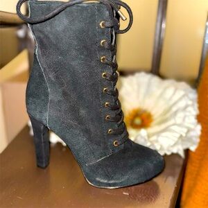 INC Women's Black Lace-Up Suede Boots Size 5.5M Casual Chunky Heel